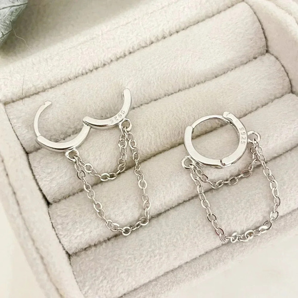 925 Sterling Silver Huggie Earrings Dangle Chain Earrings Small Hoops Huggies - Picture 5 of 7